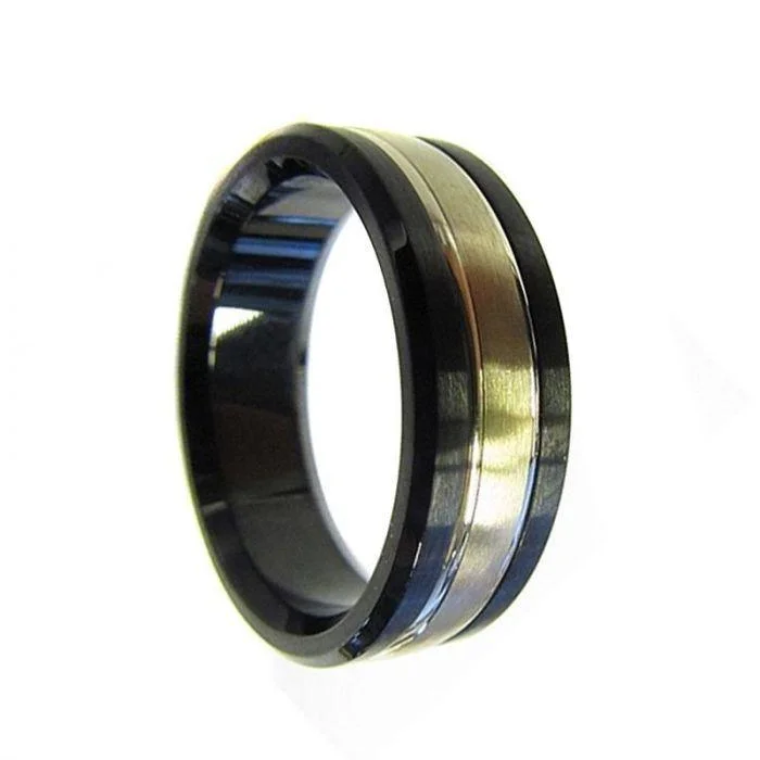 engagement rings for bridesmaids-14k Yellow Gold Inlaid Black Cobalt Men’s Wedding Ring with Dual Grooves - 7.5mm