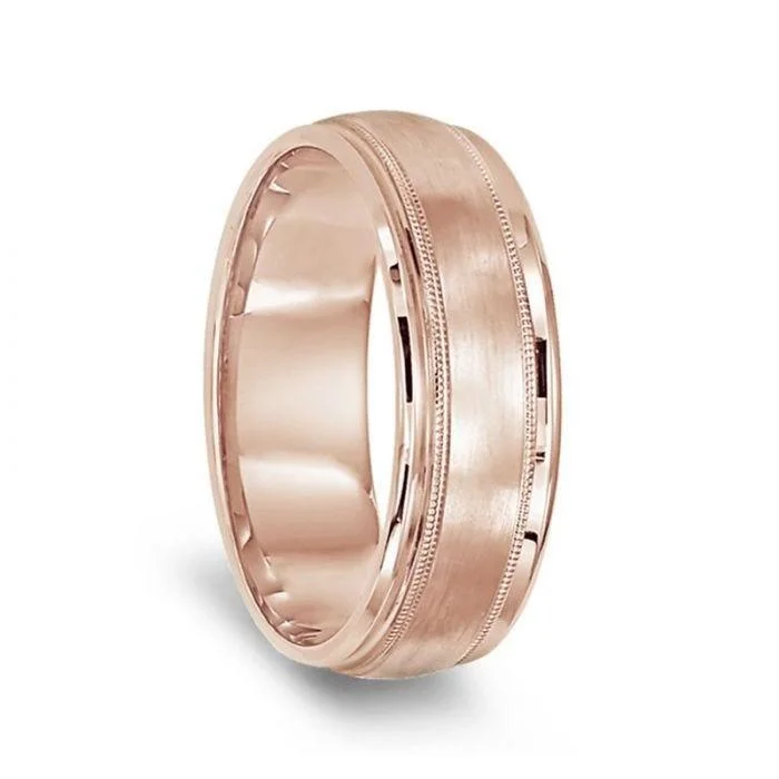 antique engagement rings-14k Rose Gold Brushed Center Milgrain Wedding Ring with Polished Edges - 7mm