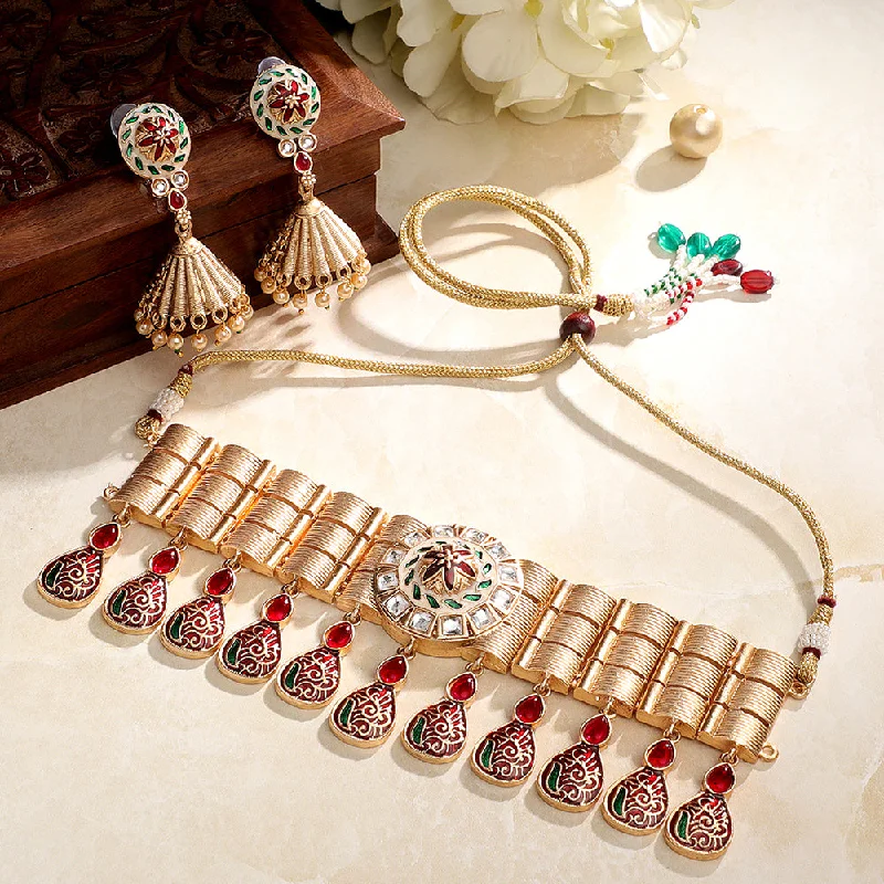 women's fashion-forward necklaces-Asmitta Kundan And Meenakari Choker Necklace Set