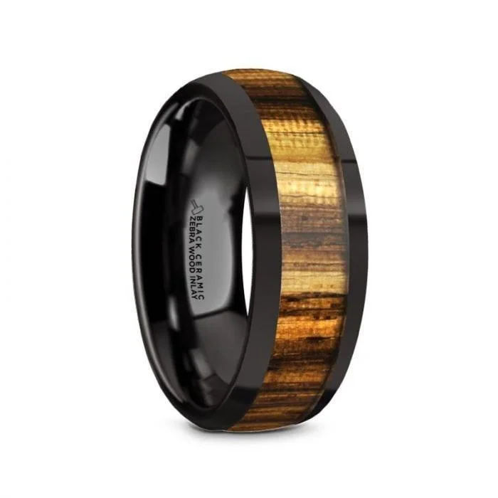 engagement rings for brides-ZERRA Black Ceramic Polished Finish Men’s Domed Wedding Ring with Zebra Wood Inlay - 8mm