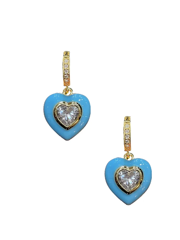 women's statement stud earrings-Blue Enamel Bezel Heart Huggies